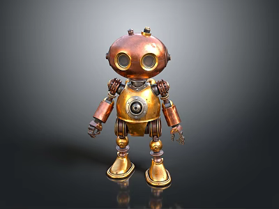 Steampunk Copper Gold Robot Game and Movie Character with Round Head Large Eyes Metallic Texture 3d model