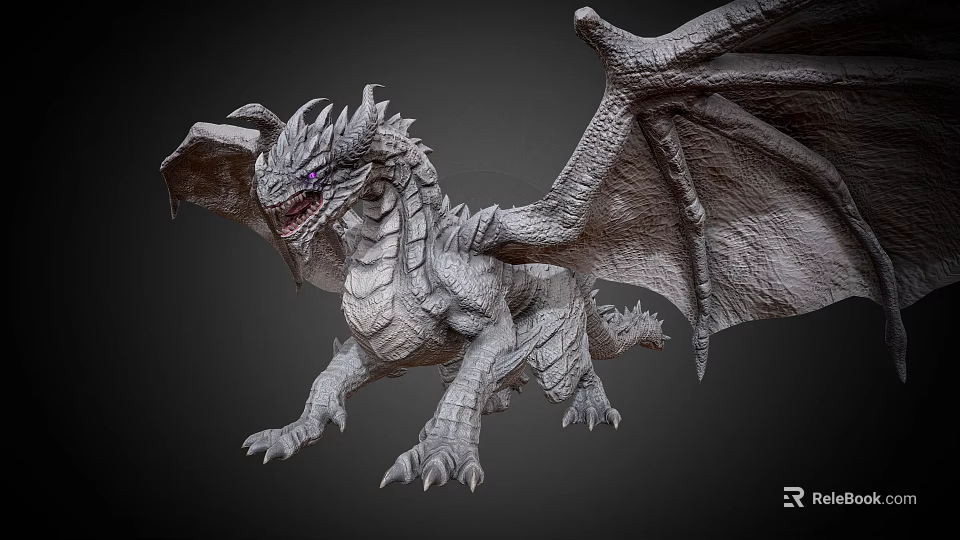 Gray Scaled 3D Flying Dragon Model With Sharp Teeth And Large Wings 3d model