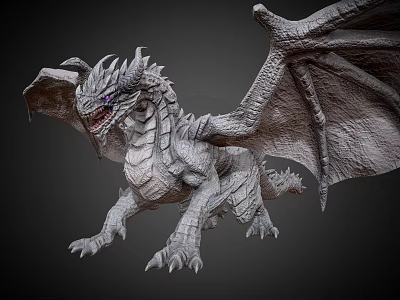 Gray Scaled 3D Flying Dragon Model With Sharp Teeth And Large Wings 3d model