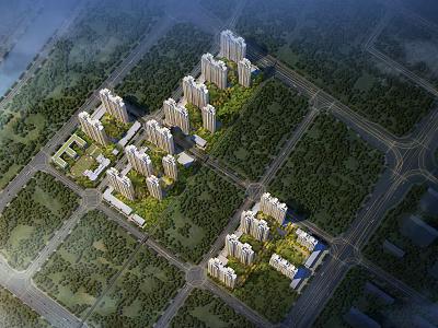 Birds Eye View Planning of Residential Area with High Rise Buildings Green Areas and Roads 3d model