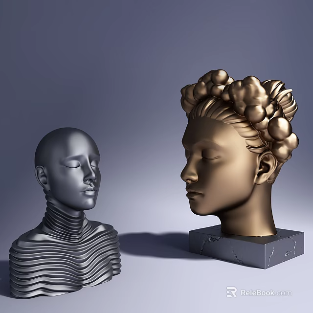 Artistic Modern Sculpture Carving Featuring Metallic Head Busts With Curly Hair And Textured Neck 3d model 