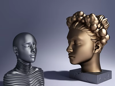 Artistic Modern Sculpture Carving Featuring Metallic Head Busts With Curly Hair And Textured Neck 3d model
