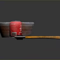 Bowl With Red Liquid Vegetables Coca Cola Can And Wooden Handle Axe