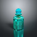 Woman Holding Elegant Green Perfume Bottle With Diamond Pattern And Spherical Lid