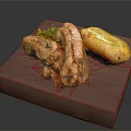 Roasted Pork Ribs and Golden Potato with Fresh Green Garnish on Wooden Board