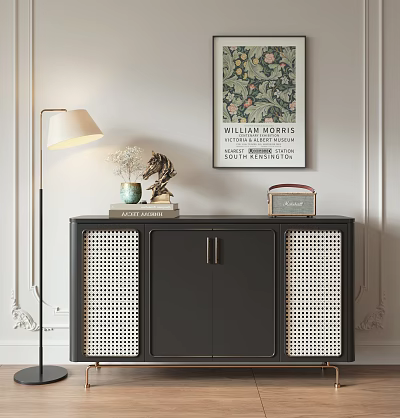 Modern Entryway Cabinet Sideboard With Black Rattan Doors Floor Lamp Vase Radio And Art Print 3d model