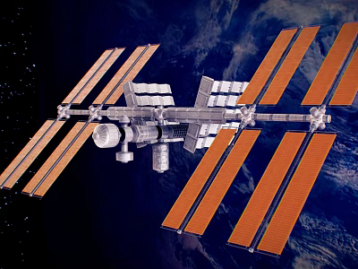 Cartoon Scene of Space Station with Solar Panels and Earth Background 3d model