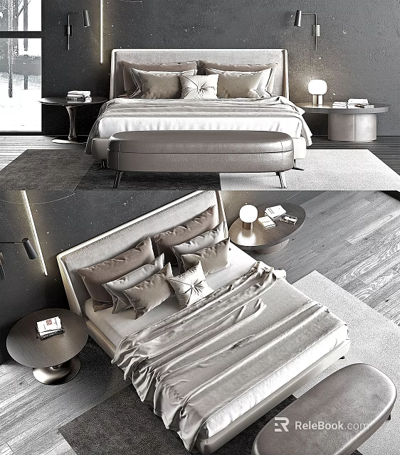 Elegant Double Bed With Gray Bedding Pillows Nightstand And Side Table 3d model 