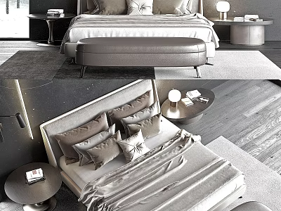 Elegant Double Bed With Gray Bedding Pillows Nightstand And Side Table 3d model