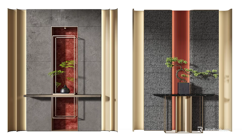 Modern Background Wall Design With Gray Dark Panels Red Inset Beige Strips And Green Plant 3d model 