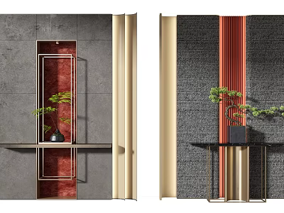 Modern Background Wall Design With Gray Dark Panels Red Inset Beige Strips And Green Plant 3d model