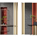 Modern Background Wall Design With Gray Dark Panels Red Inset Beige Strips And Green Plant