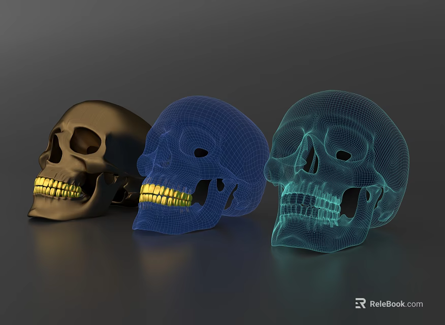 Skull Decorative Ornament Set With Metallic Gold Blue Mesh Green Mesh And Glowing Yellow Teeth 3d model 
