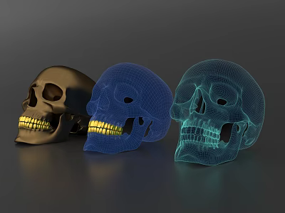 Skull Decorative Ornament Set With Metallic Gold Blue Mesh Green Mesh And Glowing Yellow Teeth 3d model