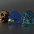 Skull Decorative Ornament Set With Metallic Gold Blue Mesh Green Mesh And Glowing Yellow Teeth