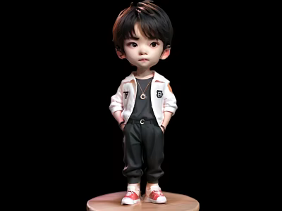 Little Boy Sculpture Wearing White Jacket Black Pants And Red Shoes On Wooden Round Base 3d model