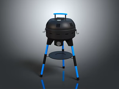 Portable Black Barbecue Grill With Blue Handles Stable Stand And Lower Tray 3d model