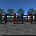 Outdoor Pergola With Blue Red Columns In Paved Square Surrounded By Trees And Blue Sky