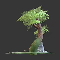 Cartoon Scene With Big Tree Green Leaves Rock Small Creature On Grass And Red Mushrooms
