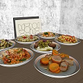 Assorted Delicious Dishes Served on Wooden Tabletop with Geometric Pattern Wall Art