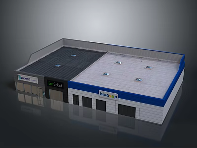 Bio Shop Commercial Building Exterior With Blue White Accents And Gray Roof Skylights 3d model