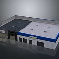 Bio Shop Commercial Building Exterior With Blue White Accents And Gray Roof Skylights