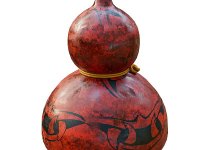 Traditional Red Gourd Shaped Ceramic Vessel With Black Patterns And Yellow Rope 3d model