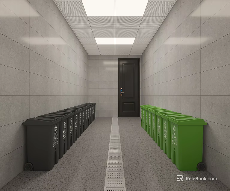 Narrow Corridor With Gray Walls Ceiling Lights Black Door Lined With Colored Trash Bins 3d model 
