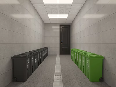 Narrow Corridor With Gray Walls Ceiling Lights Black Door Lined With Colored Trash Bins 3d model