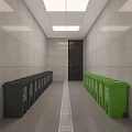 Narrow Corridor With Gray Walls Ceiling Lights Black Door Lined With Colored Trash Bins