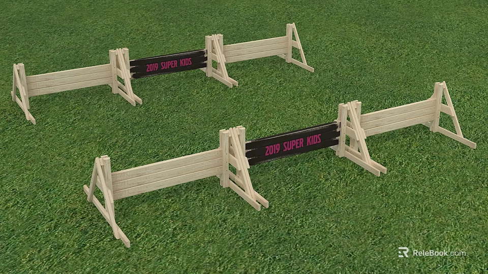 Wooden Dog Play Equipment With Obstacle Bars And Super King Sign On Grass Field 3d model 