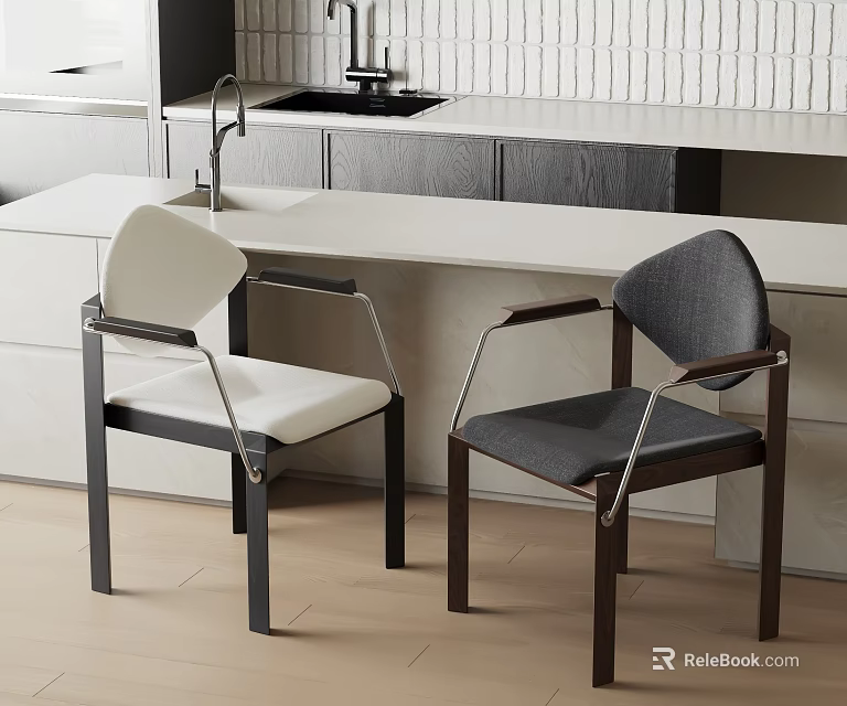 Modern Dining Chairs With White Gray Upholstery Metal Frame Wooden Armrests In Kitchen Bar Area 3d model 