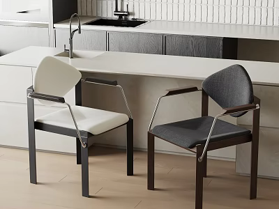 Modern Dining Chairs With White Gray Upholstery Metal Frame Wooden Armrests In Kitchen Bar Area 3d model