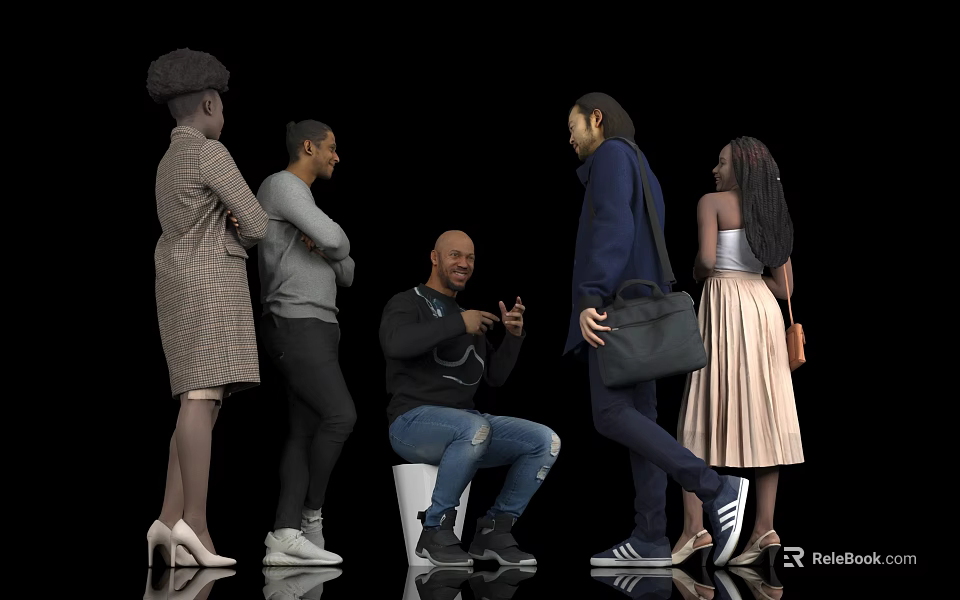 Group of People in Various Poses Interacting With Different Casual Attire Against Plain Background 3d model 