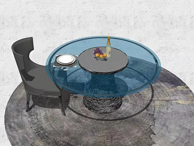 Modern Round Glass Dining Table Set With Black Chair Fruit Wine Plate On Textured Rug 3d model