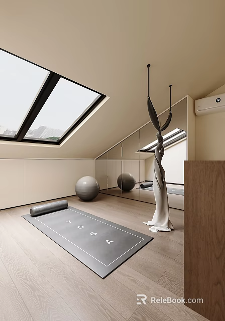 Minimalist Yoga Space With Skylight Mirror Yoga Mat Balls And Hanging Hammock 3d model 