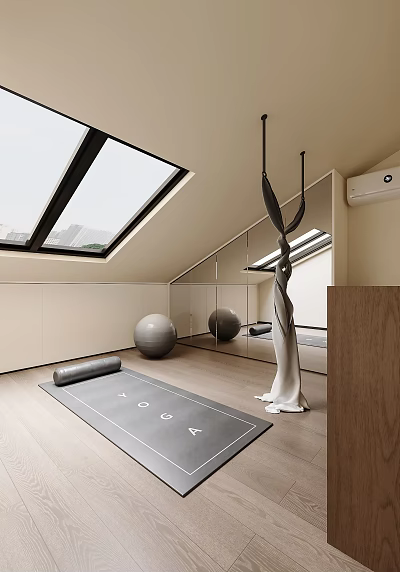 Minimalist Yoga Space With Skylight Mirror Yoga Mat Balls And Hanging Hammock 3d model