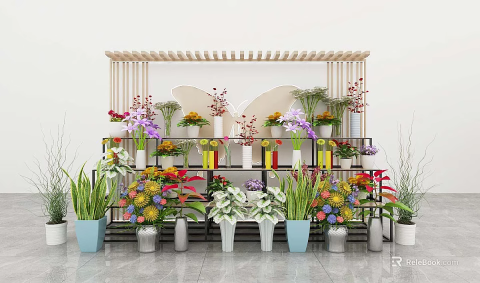 Vibrant Garden Decor Display With Wooden Multi Layer Flower Stand And Various Colored Potted Plants 3d model 