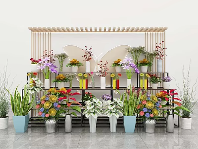 Vibrant Garden Decor Display With Wooden Multi Layer Flower Stand And Various Colored Potted Plants 3d model