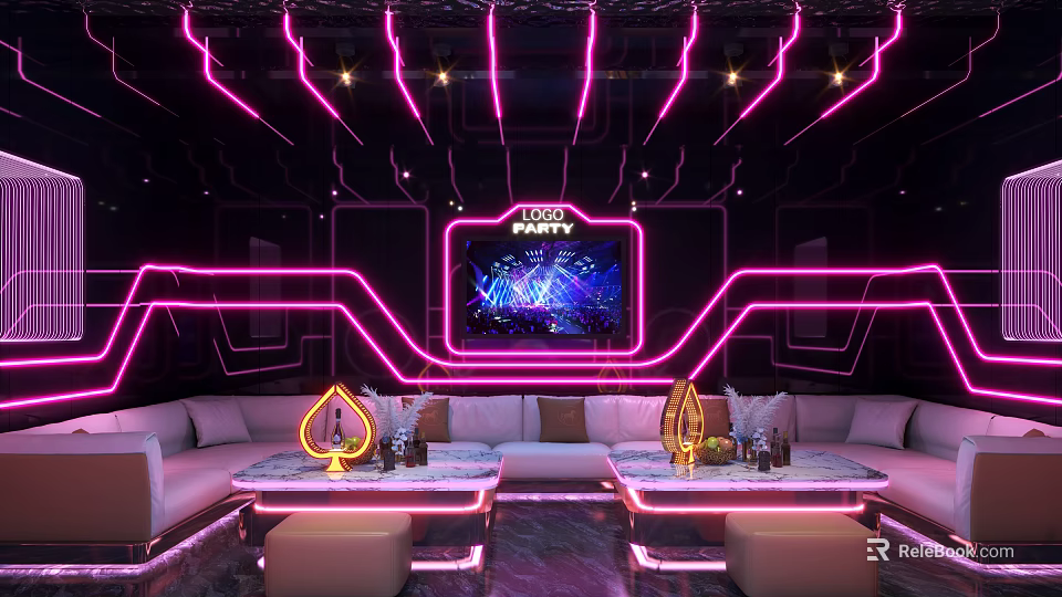 Futuristic KTV Interior Design With Neon Lights Sofas Tables And Screen 3d model 