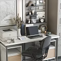 Modern Home Office Desk and Chair Set with Laptop Printer and Decorative Items