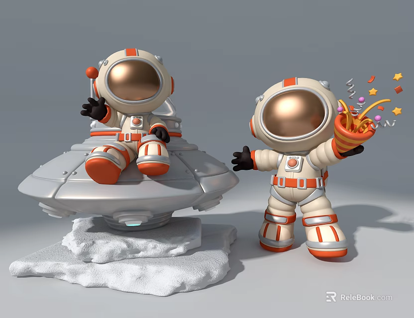 Cute Astronaut Decorative Ornament Set with Flying Saucer Popcorn and Confetti in White and Orange 3d model 