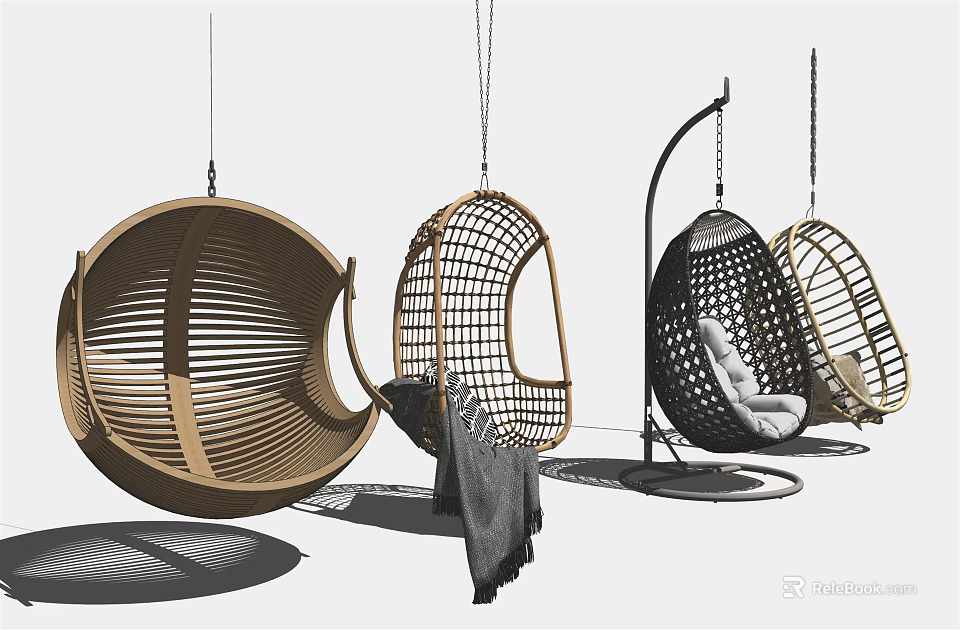 Stylish Hanging Chair Designs With Rattan Wicker And Wooden Swing Features 3d model 