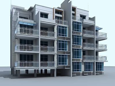 Modern Semi Detached Villa Exterior With Multiple Balconies And Large Glass Windows 3d model