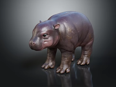 Realistic Baby Hippopotamus With Smooth Brown Skin Standing On Black Reflective Surface 3d model