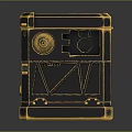 Black and Gold Box with Intricate Mechanical Design Red Emblems and Gold Accents