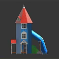 Colorful Kids Playground Equipment with Blue Slide Red Roof Tower Yellow Blue Walls and Ladder