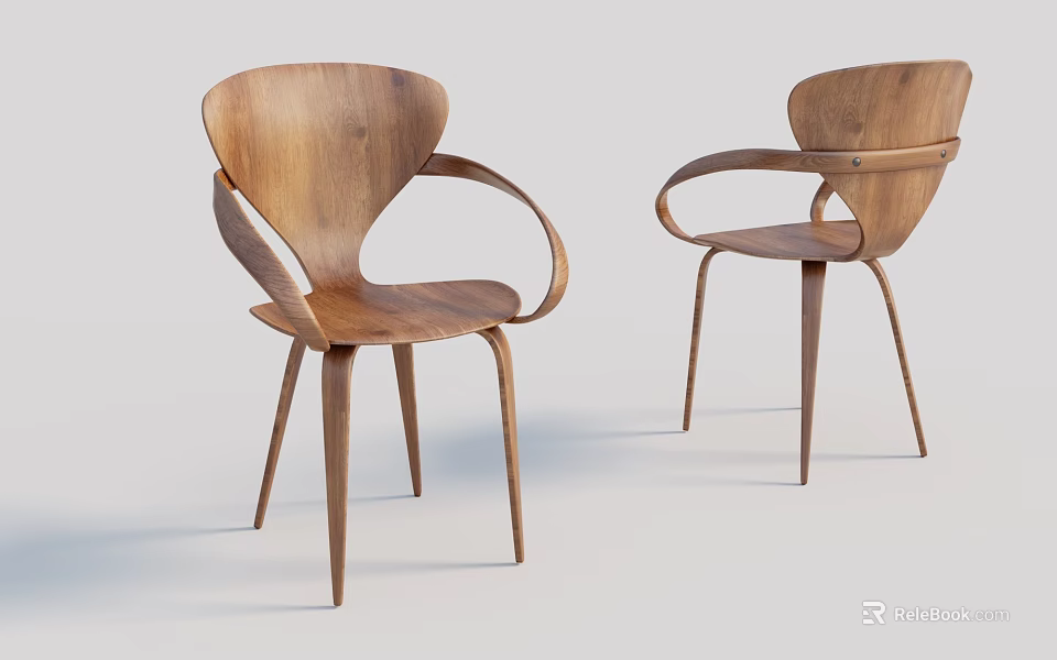 Wooden Dining Chairs With Curved Backrest Armrests And Slim Legs Modern Design 3d model 