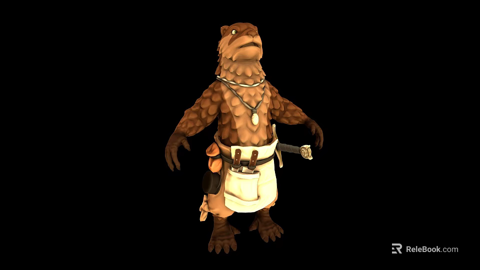 Otter Like Game Character With Brown Fur Necklace Belt Knife And White Apron 3d model 