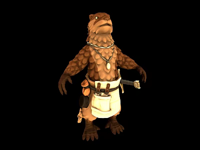 Otter Like Game Character With Brown Fur Necklace Belt Knife And White Apron 3d model